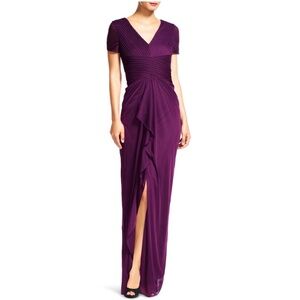 Adrianna Papell V Neck Short Sleeve Ribbed Ruffle Chiffon Purple Maxi Dress